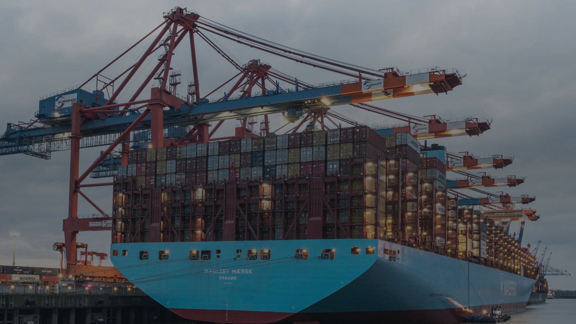 Porte-conteneurs à quai sous les portiques d’un terminal maritime